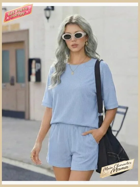 Ribbed Knit Lounge Set Short Sleeve Top with Pocket Shorts Matching Outfit - Picture 3 of 5